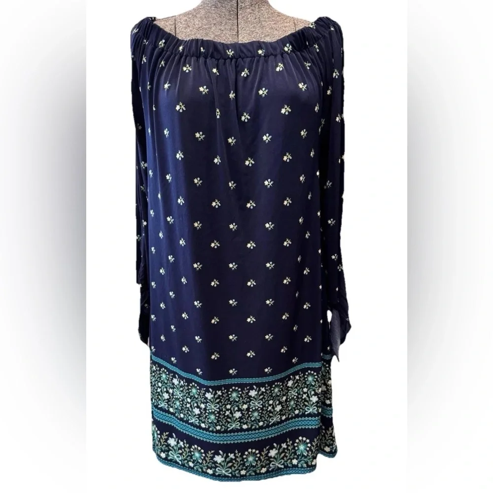 Tacera polyester elastic neck 3/4 sleeve‎ dark blue ladies dress size medium